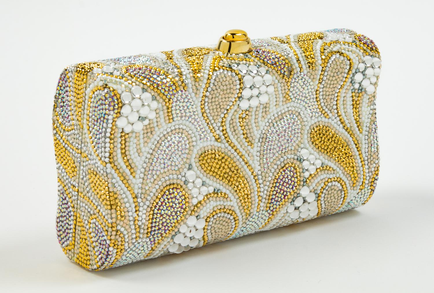 A Judith Leiber Mutlticolor Paisley Minaudiere, 3"H x 5.5"W x 1.5"D; Shoulder strap: 20".