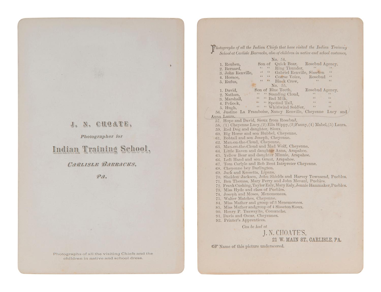 CHOATE, John N. (1848-1902), photographer. 3 cabinet cards featuring female students at Carlisle Indian School. Carlisle, PA, ca 1880s.