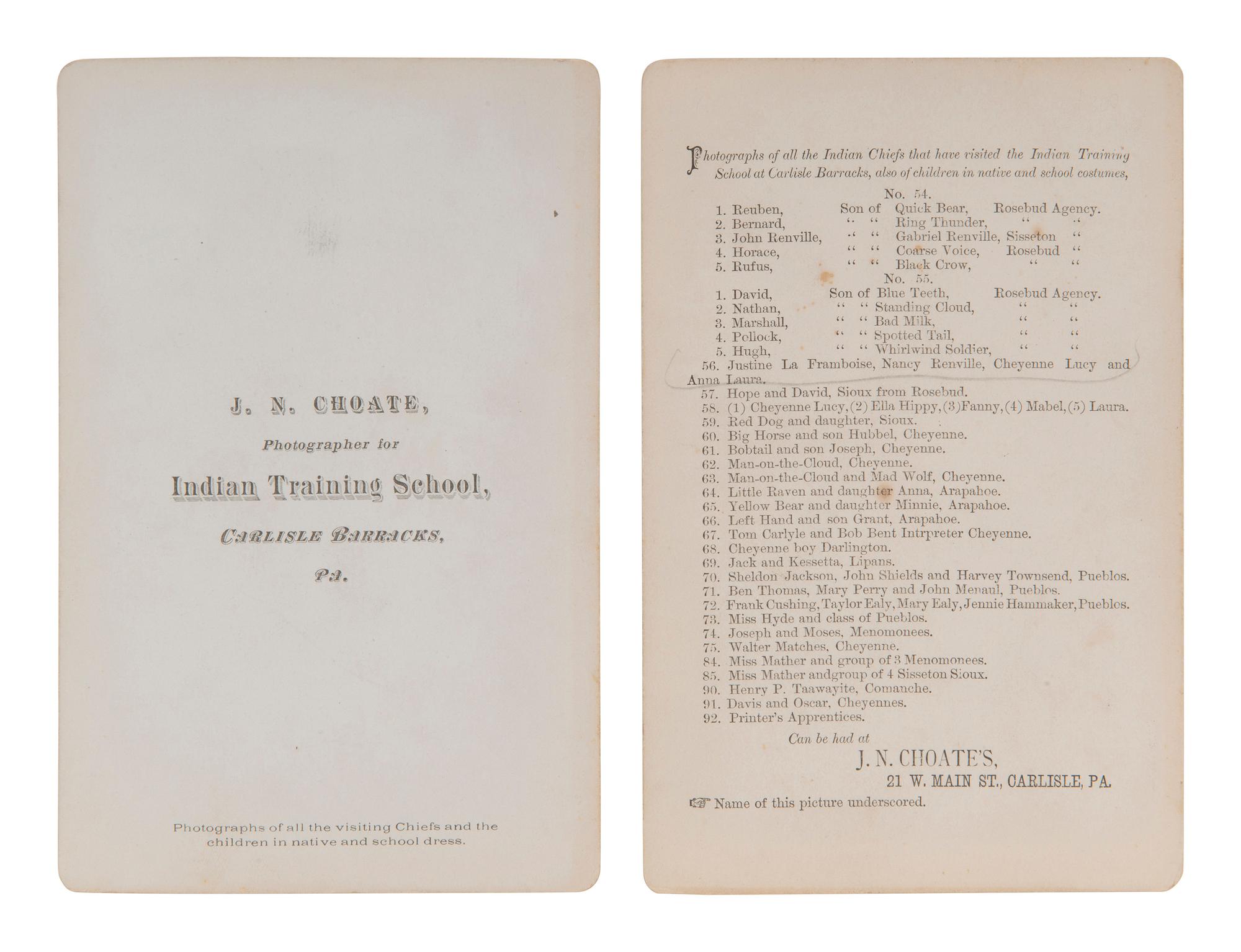 CHOATE, John N. (1848-1902), photographer. 3 cabinet cards featuring female students at Carlisle Indian School. Carlisle, PA, ca 1880s.