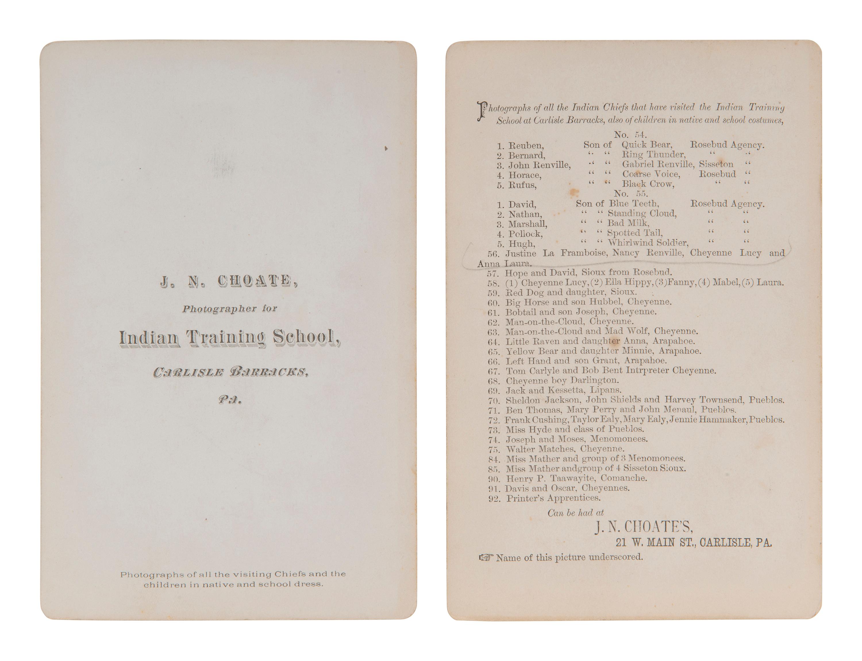CHOATE, John N. (1848-1902), photographer. 3 cabinet cards featuring female students at Carlisle Indian School. Carlisle, PA, ca 1880s.
