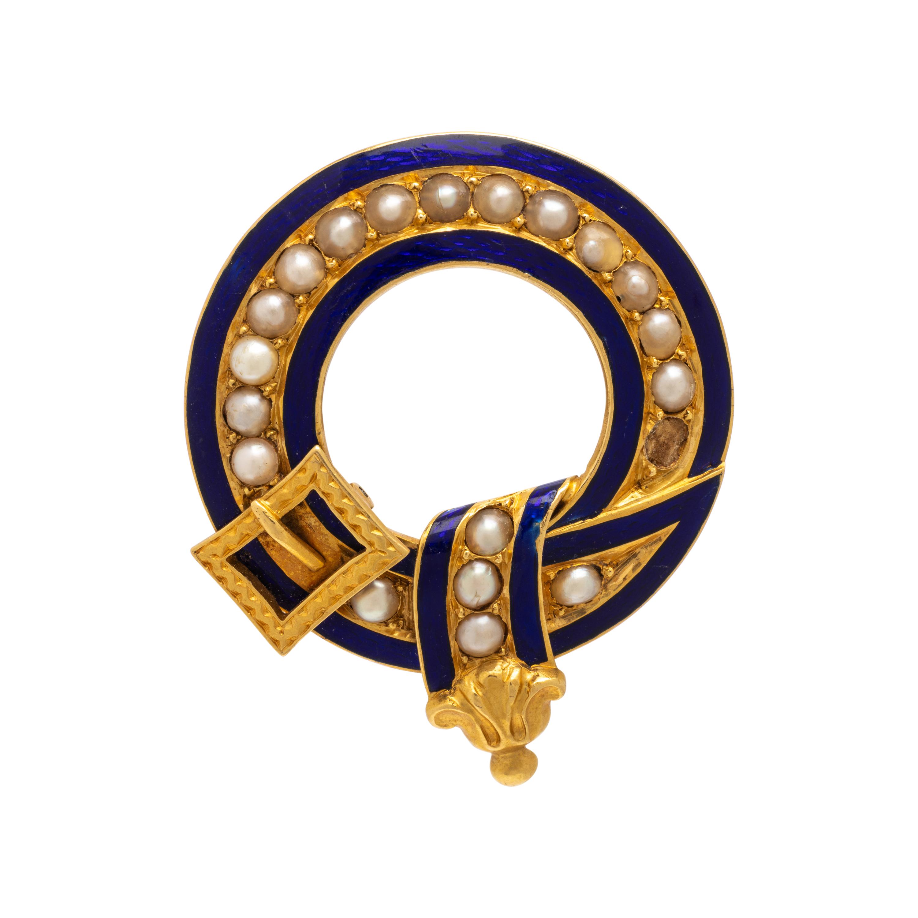 Antique, Yellow Gold, Enamel, and Half Pearl Brooch