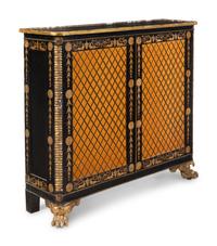 A Regency Style Parcel Gilt and Ebonized Penwork Cabinet