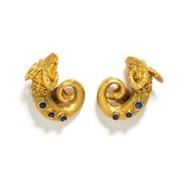 YELLOW GOLD AND SAPPHIRE RAM'S HEAD CLIP EARRINGS