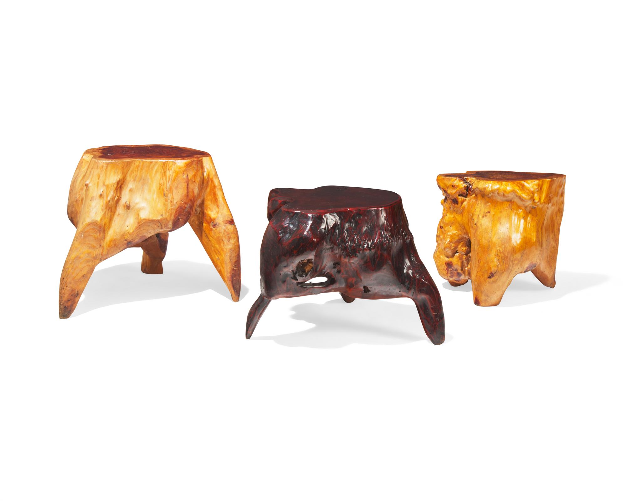 Set of three wooden stump stools