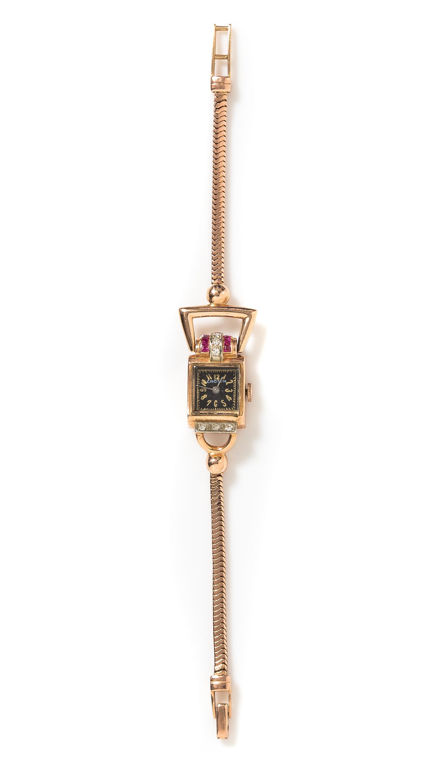 A Retro 14 Karat Rose Gold, Ruby and Diamond Wristwatch, Croton, 12.80 dwts.