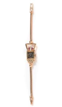 A Retro 14 Karat Rose Gold, Ruby and Diamond Wristwatch, Croton, 12.80 dwts.