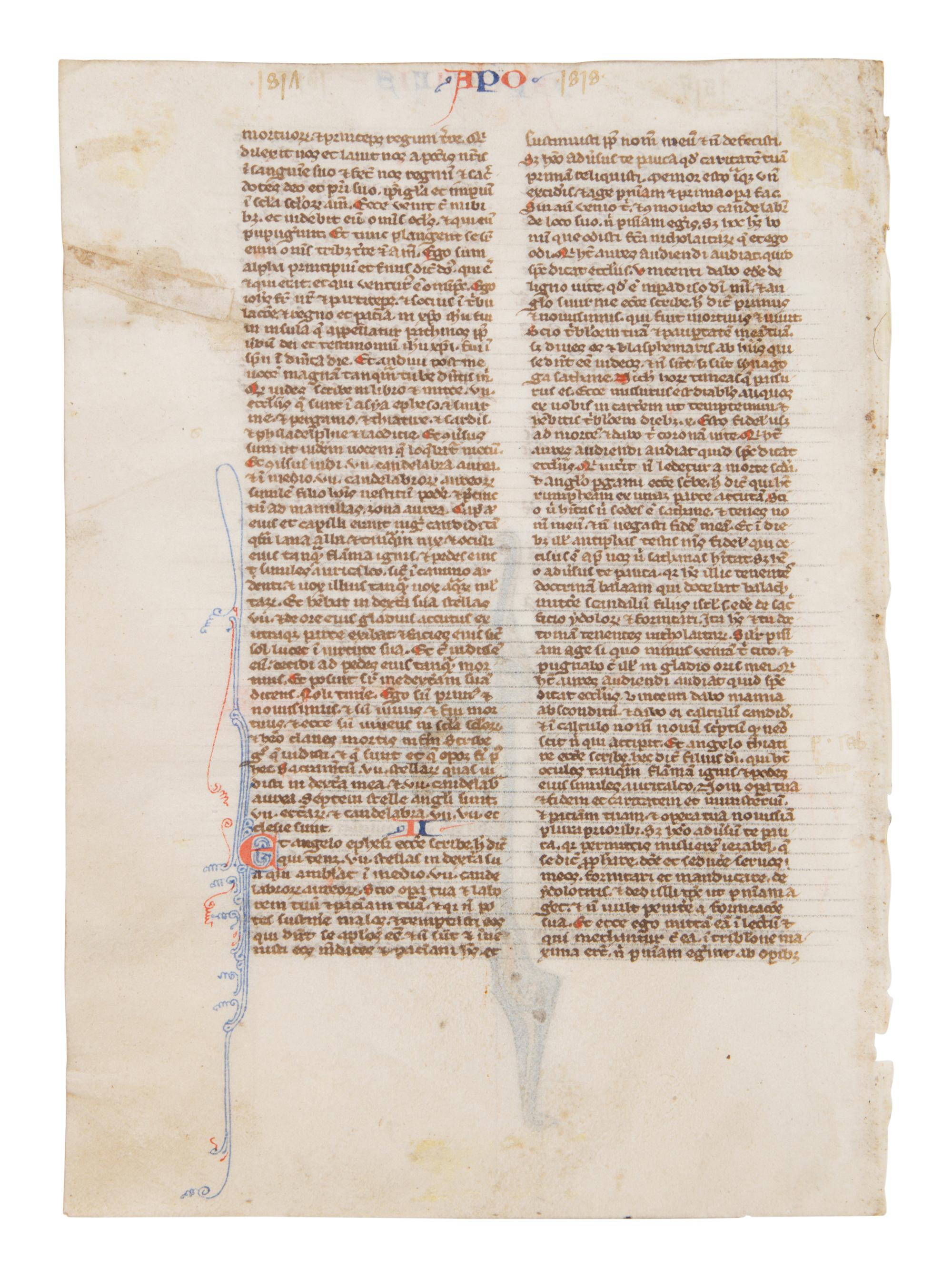 CIRCLE OF WILLIAM DE BRAILES (active Oxford, c. 1230-1260) Leaf from a Bible with a historiated initial ‘A’ depicting Saint John writing the Book of Revelation, in Latin, illuminated manuscript on parchment [England, Oxford, c. 1250–1270]