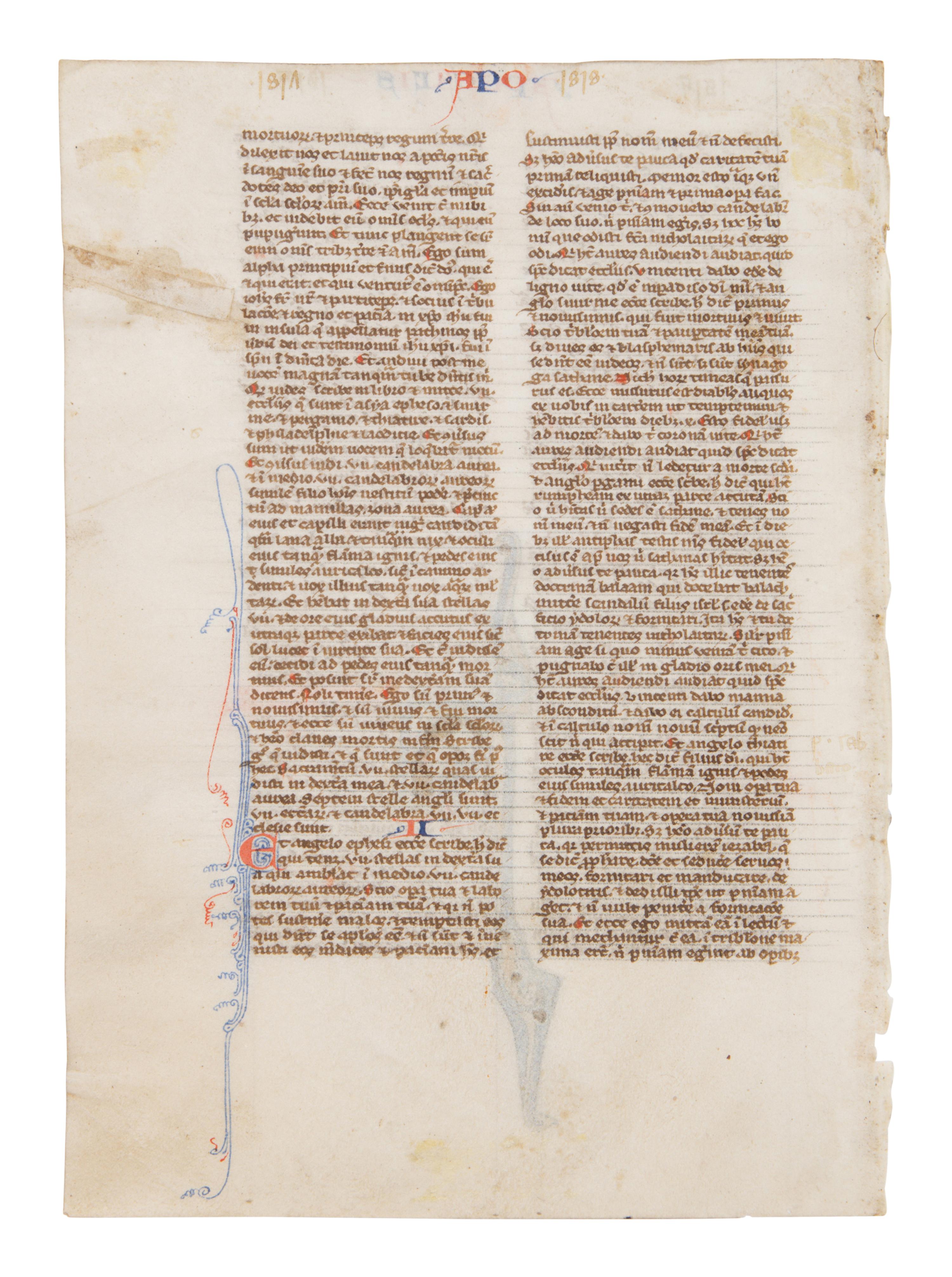 CIRCLE OF WILLIAM DE BRAILES (active Oxford, c. 1230-1260) Leaf from a Bible with a historiated initial ‘A’ depicting Saint John writing the Book of Revelation, in Latin, illuminated manuscript on parchment [England, Oxford, c. 1250–1270]