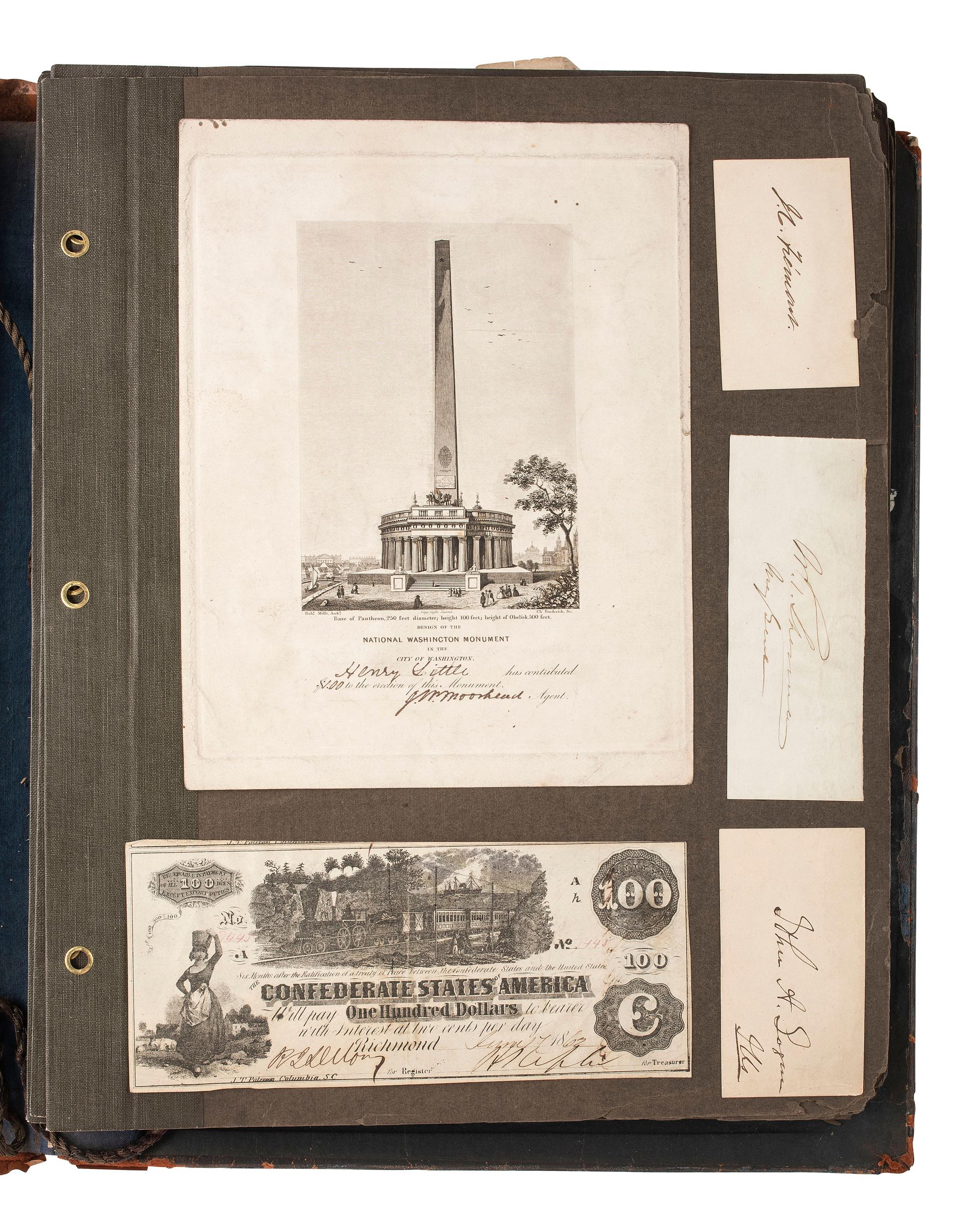 [AUTOGRAPHS]. Scrapbook containing autographs and ephemera, including scarce Revolutionary War-era imprints.