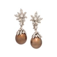 Cultured Pearl, Diamond, and White Gold Earrings