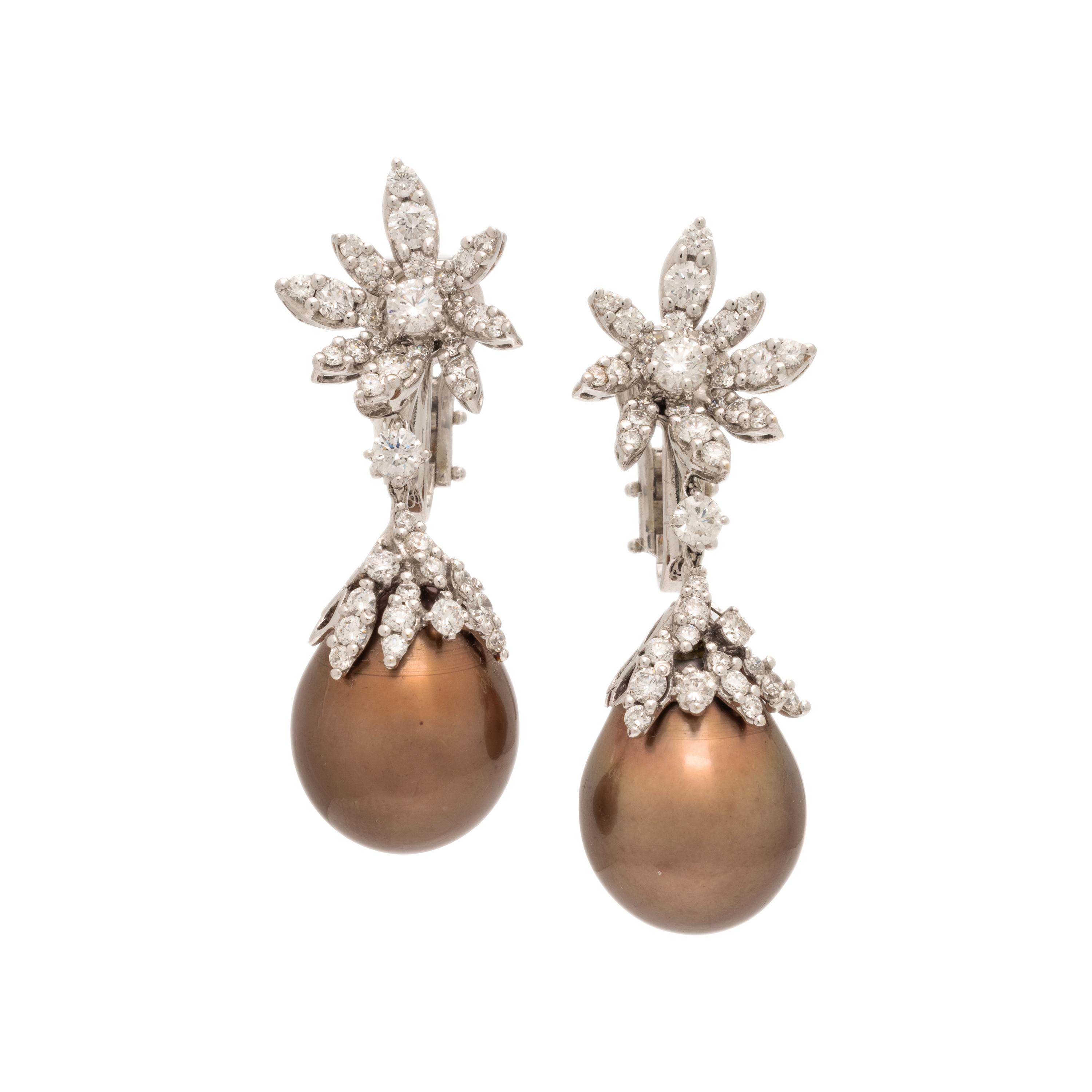 Cultured Pearl, Diamond, and White Gold Earrings