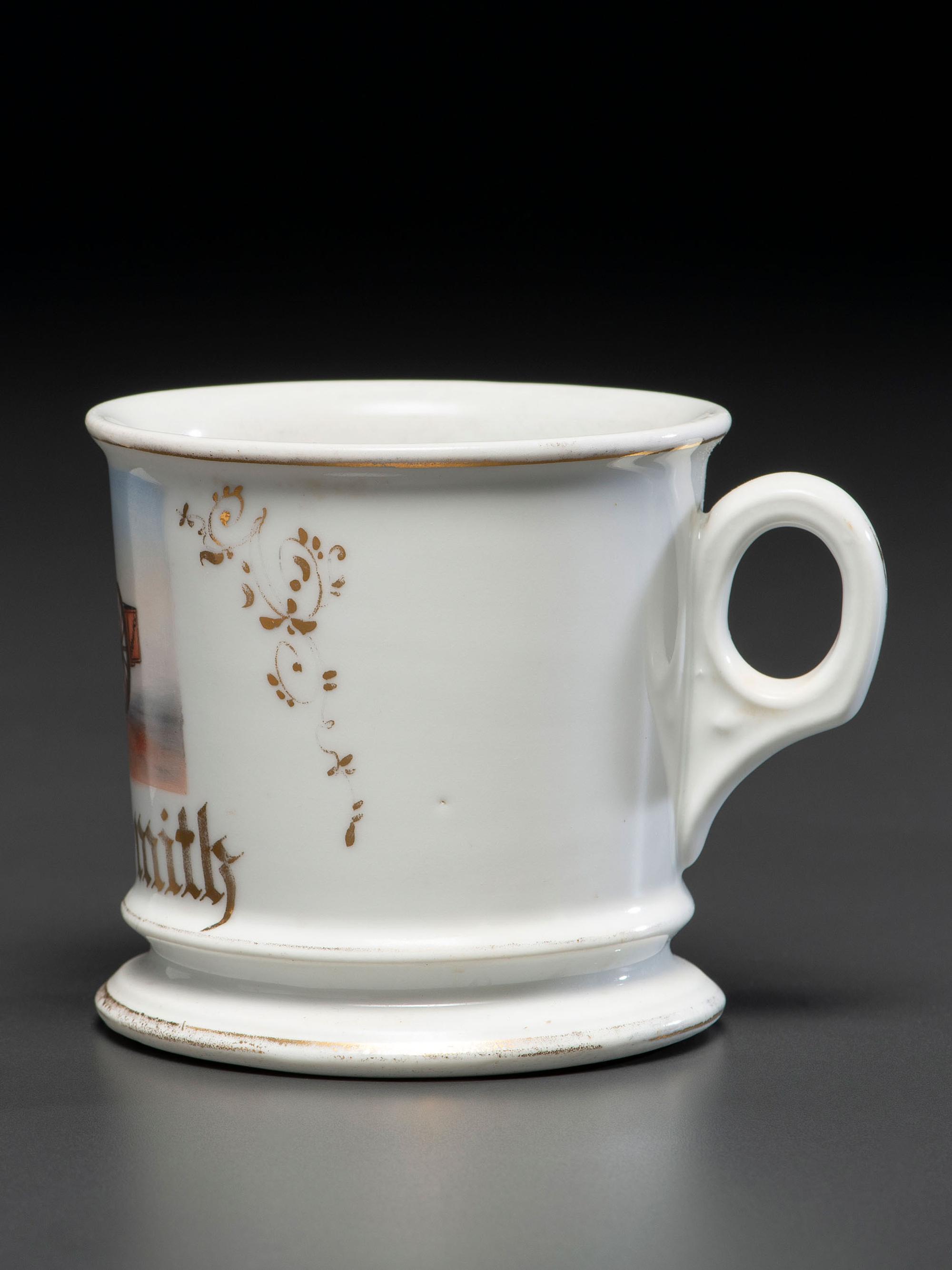 A Porcelain Occupational Shaving Mug Depicting a Steam Tractor