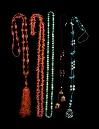Five Chinese Hardstone and Amber Necklaces
