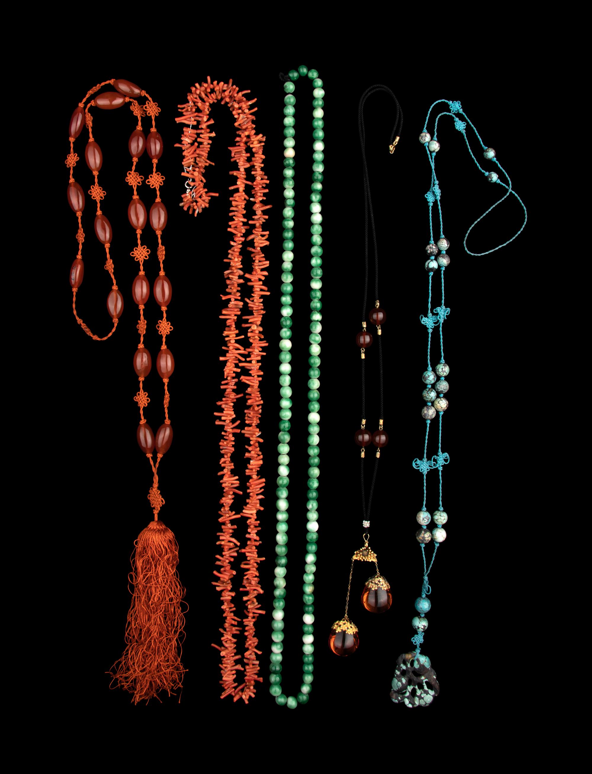 Five Chinese Hardstone and Amber Necklaces
