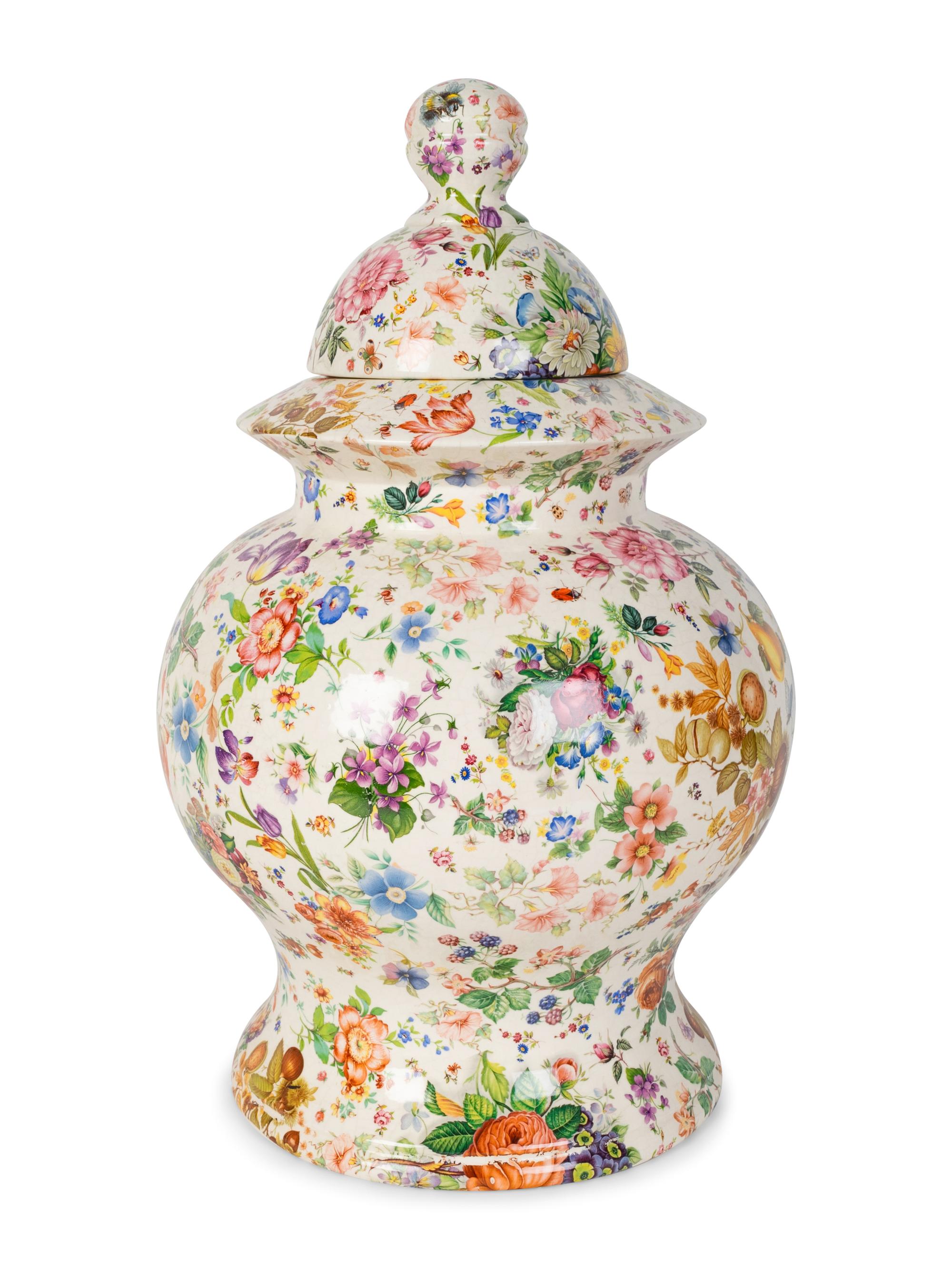 A Steven Maas Transfer-Decorated Ceramic Covered Urn