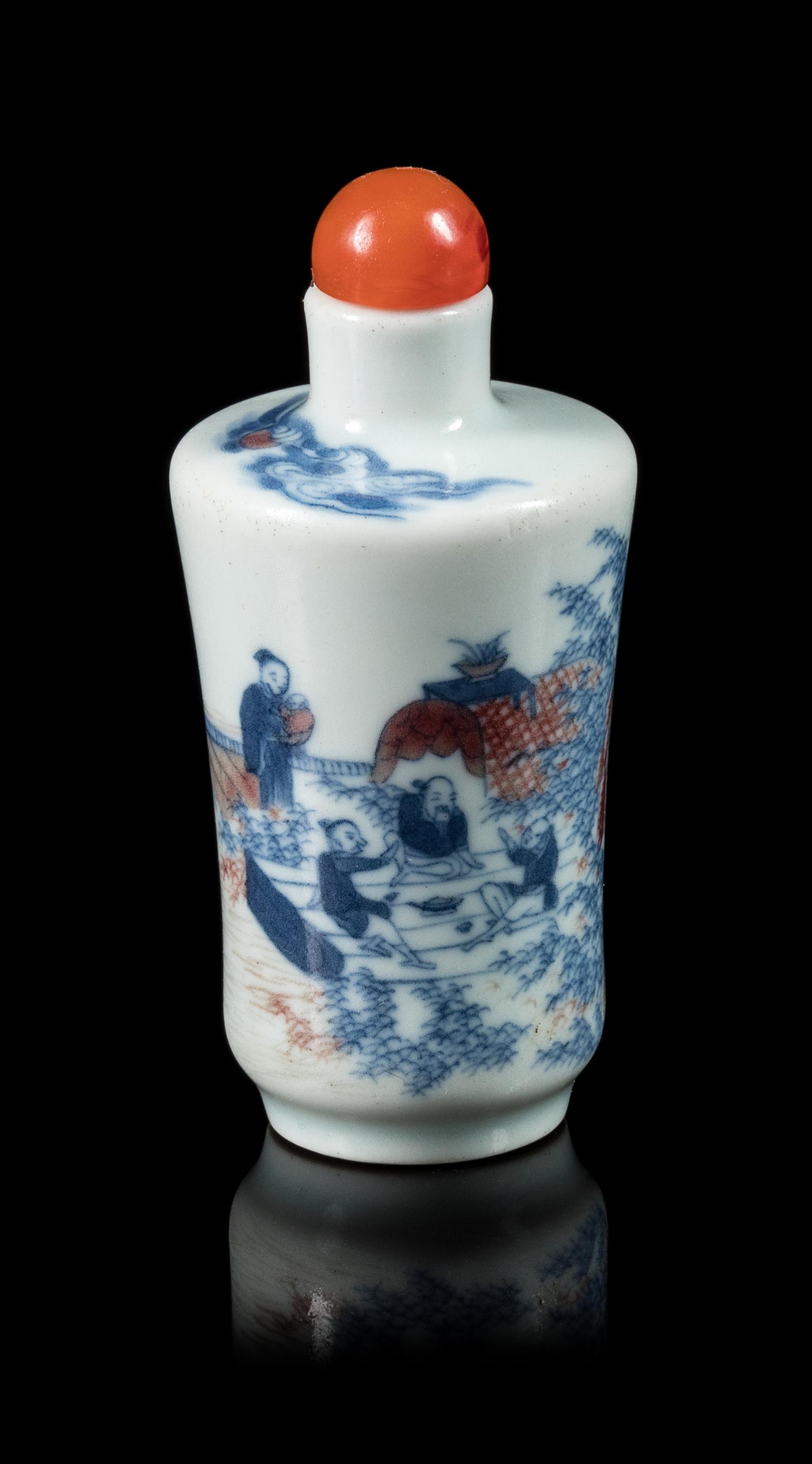 A Copper Red, Blue and White Porcelain Snuff Bottle Height overall 3 1/4 inches. — 19TH CENTURY