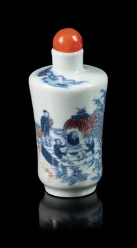A Copper Red, Blue and White Porcelain Snuff Bottle Height overall 3 1/4 inches. — 19TH CENTURY