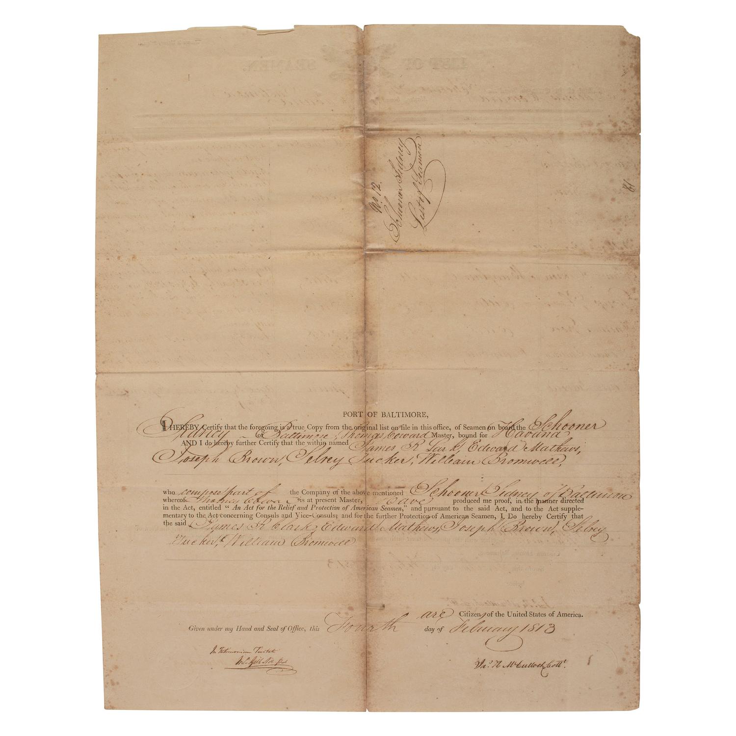 [AFRICAN AMERICANA]. "A List of the Crew On Board the Schooner Sidney of Baltimore." Custom House, Baltimore. 4 February 1813.