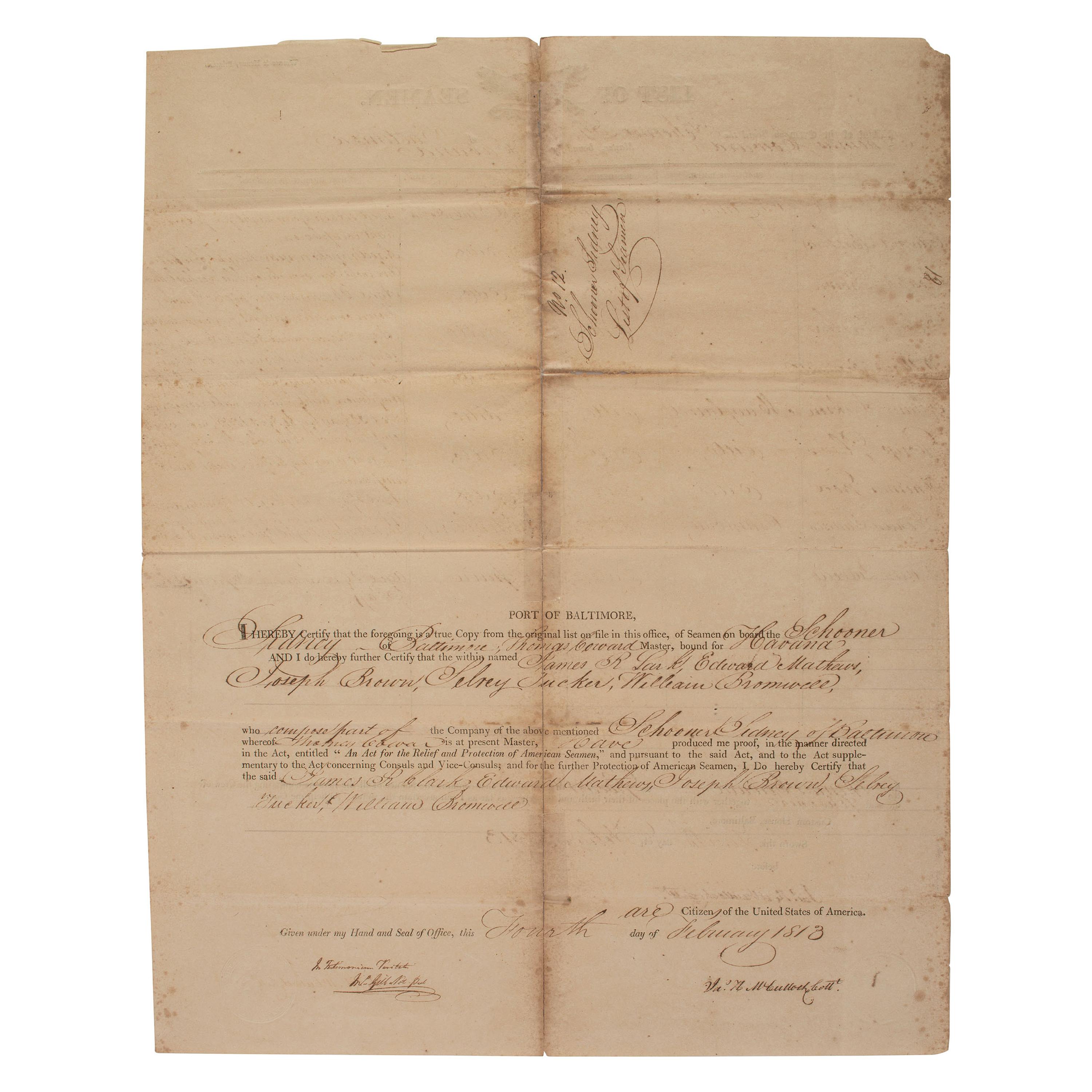 [AFRICAN AMERICANA]. "A List of the Crew On Board the Schooner Sidney of Baltimore." Custom House, Baltimore. 4 February 1813.