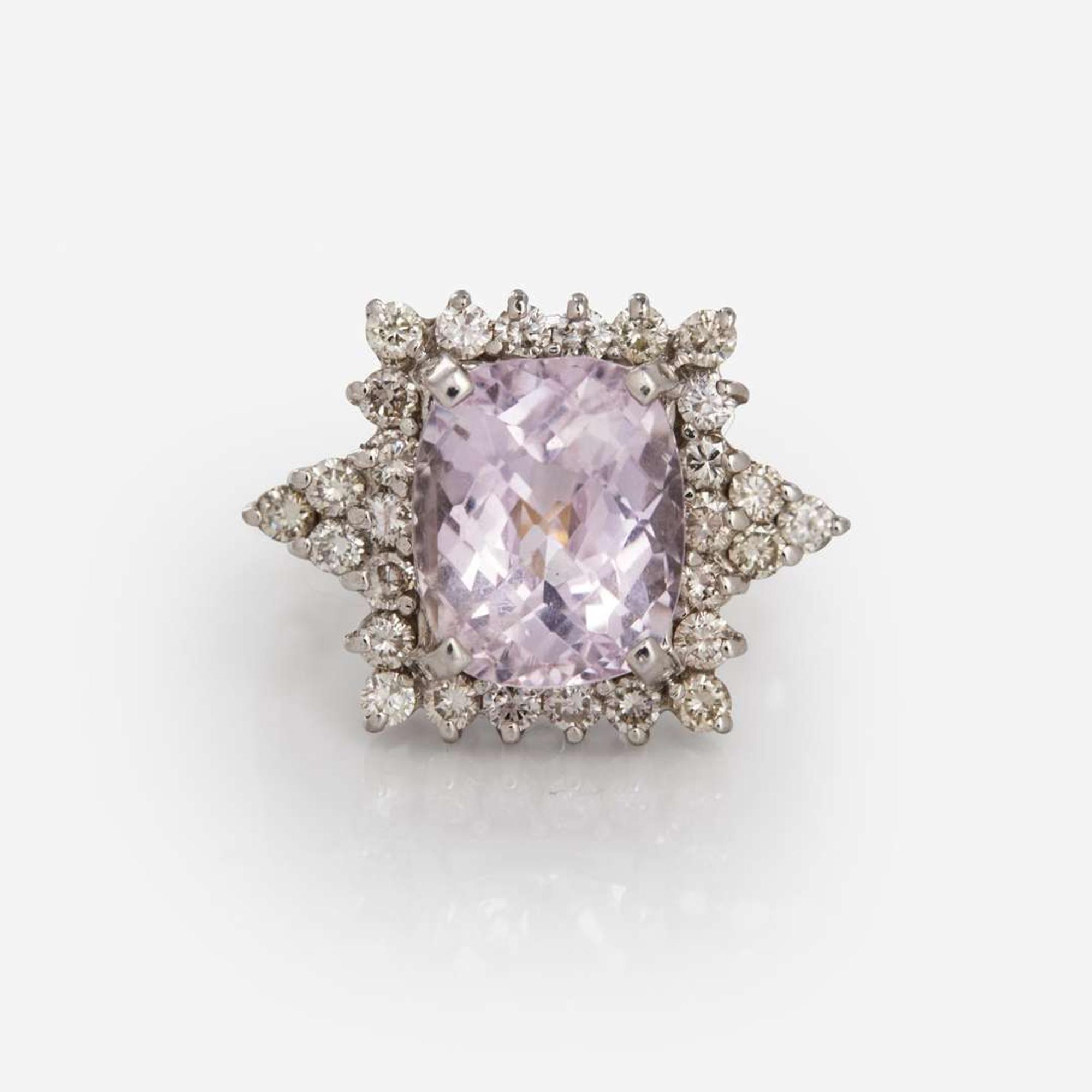 A 14K White Gold, Diamond, and Kunzite Ring