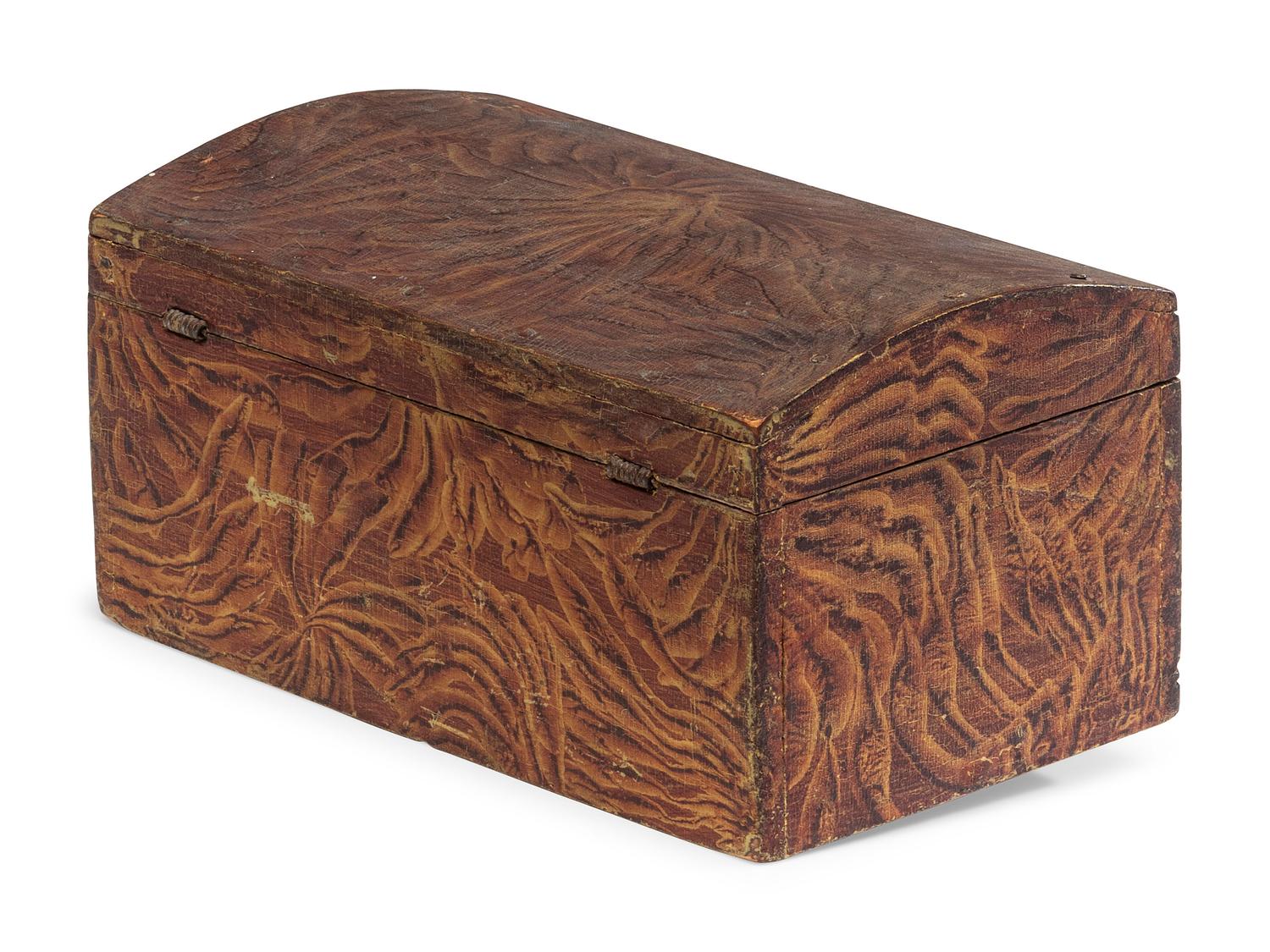 A Country Grain Painted and Carved Horn Inset Pine and Poplar Domed-Top Box, 19th Century