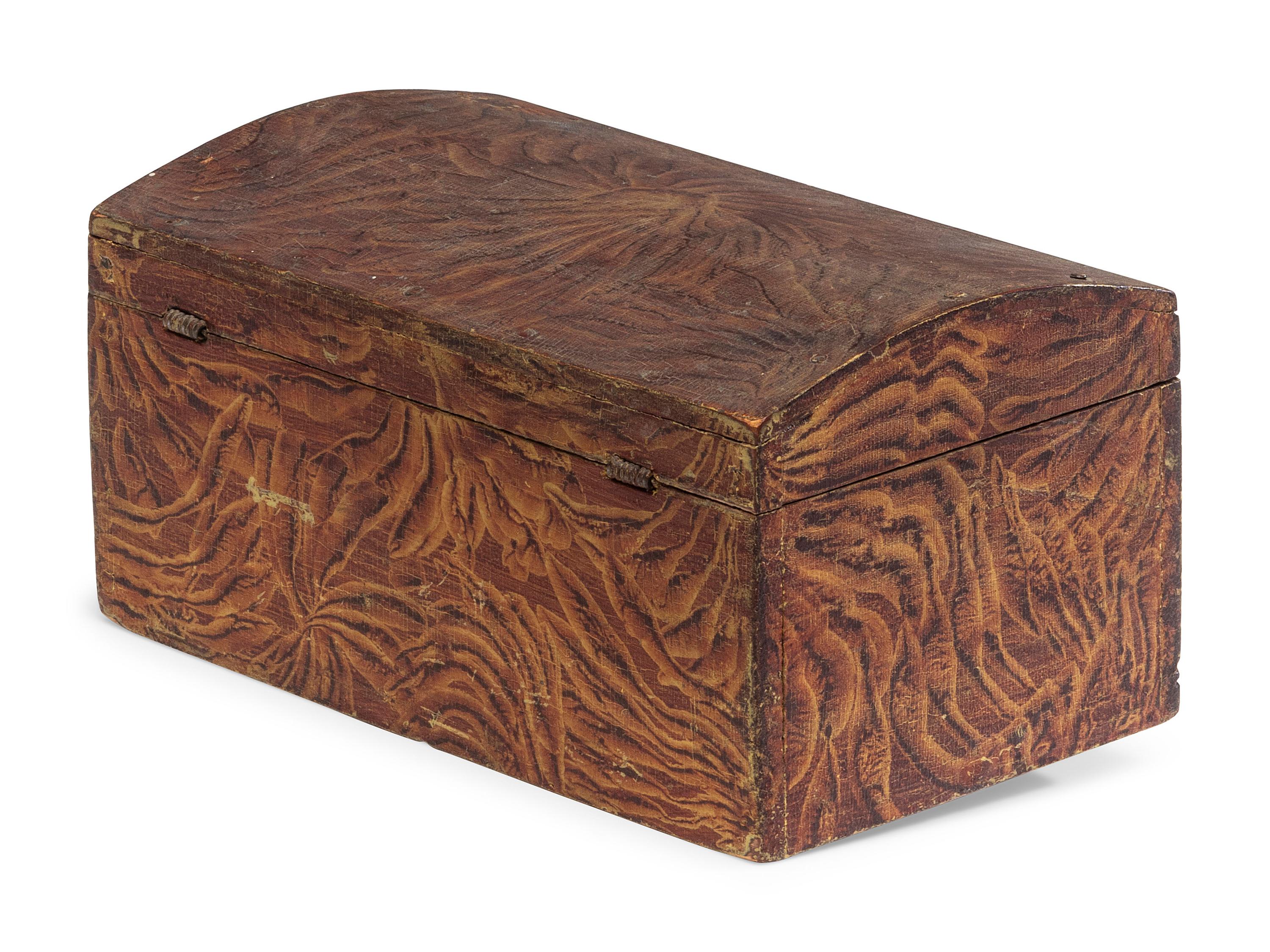 A Country Grain Painted and Carved Horn Inset Pine and Poplar Domed-Top Box, 19th Century