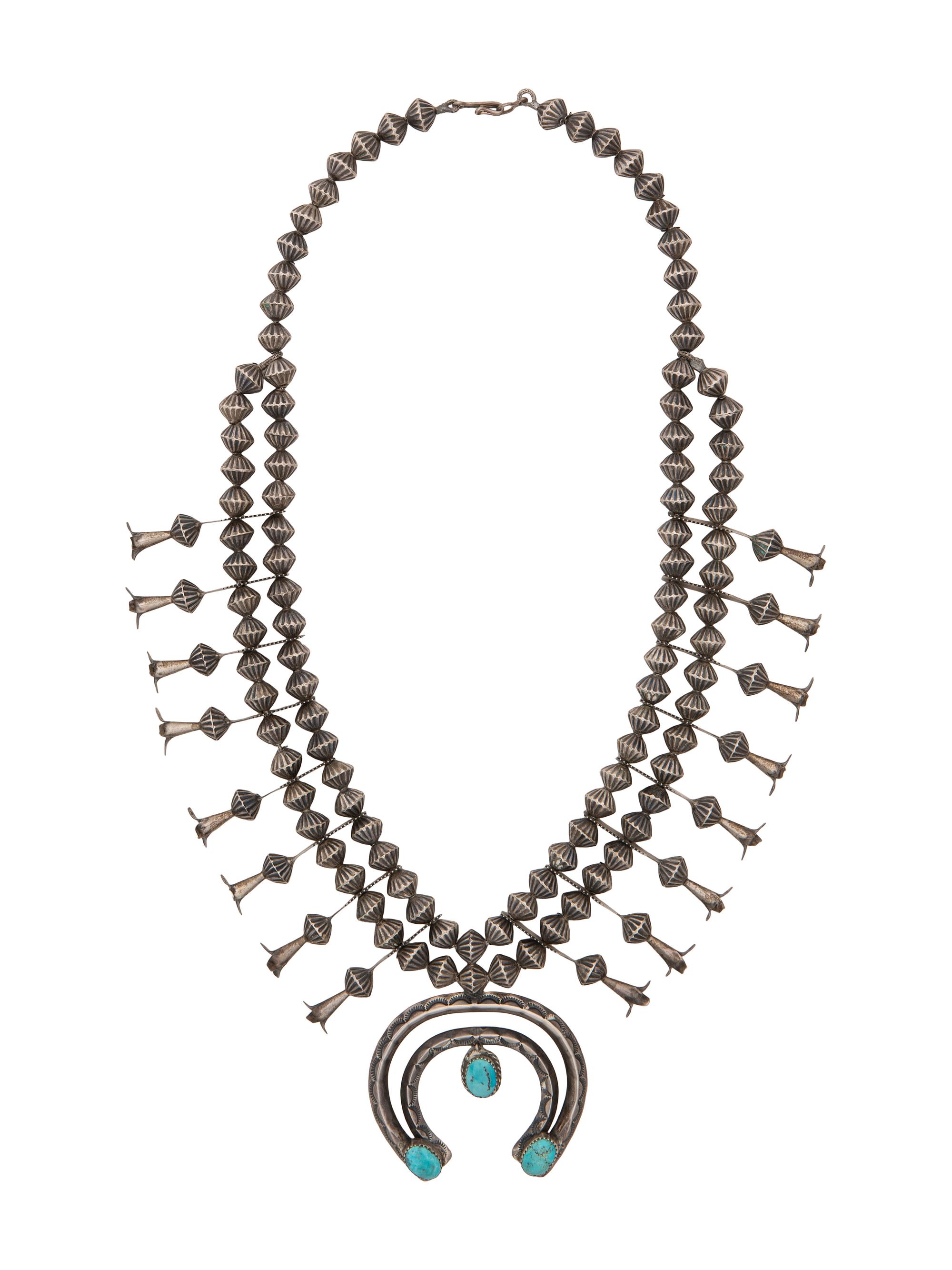 Navajo Silver and Turquoise Squash Blossom Necklace