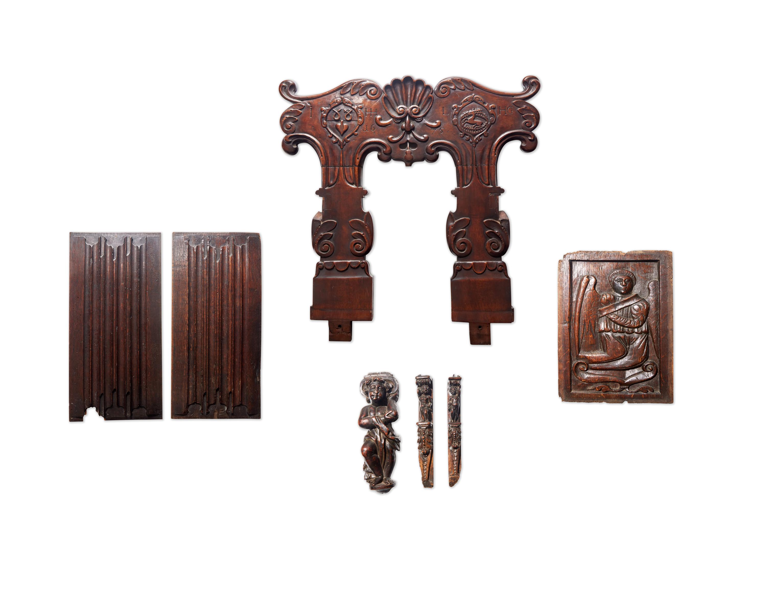 A Group of Seven English and Continental Renaissance / Baroque Carved Oak and Walnut Architectural Fragments