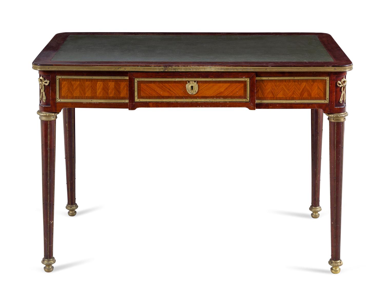 A Louis XVI Style Gilt Bronze Mounted Parquetry Bureau Plat