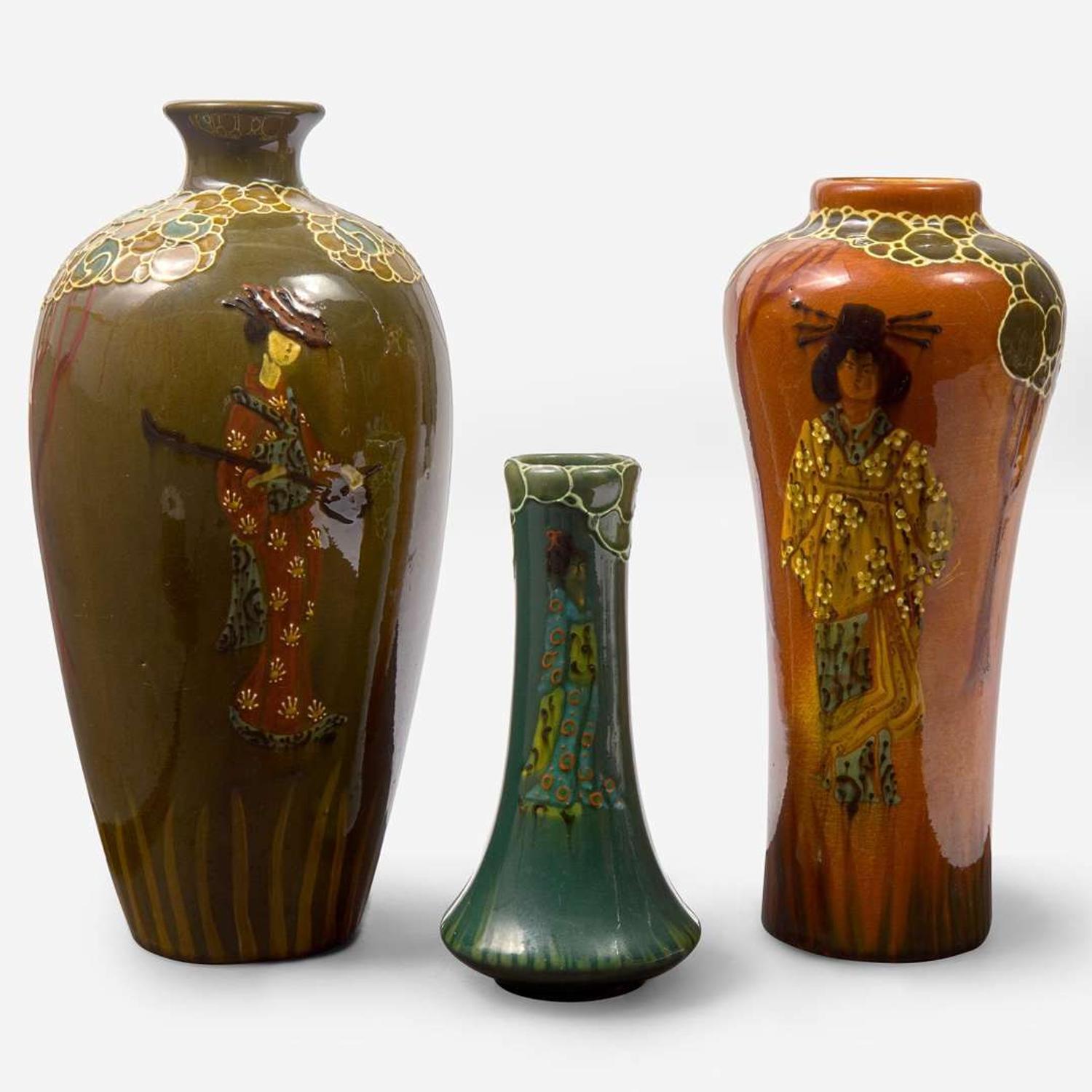 Frederick Hurten Rhead (British-American, 1880-1942) Three Faience Vases with Geishas, Weller, USA, circa 1903