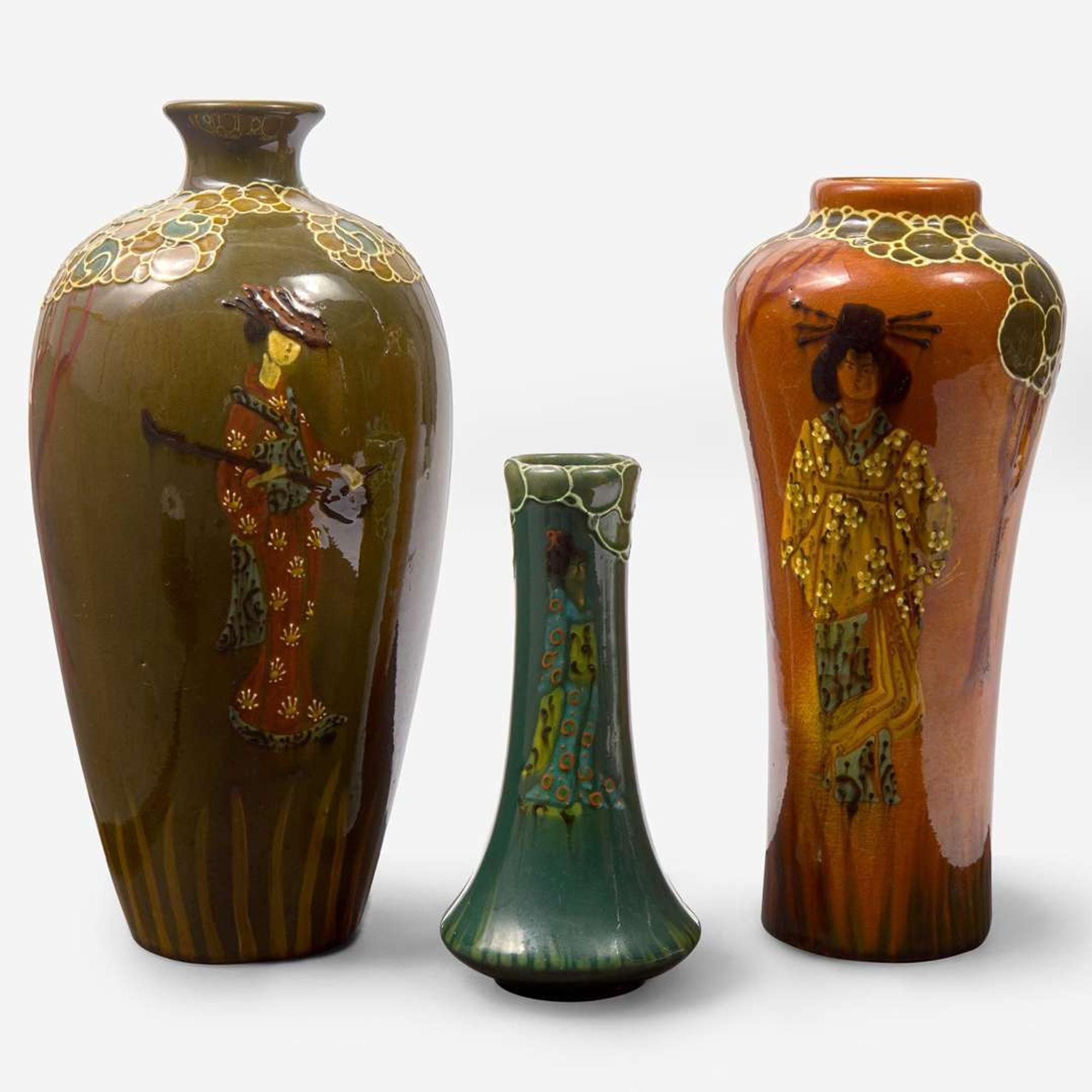 Frederick Hurten Rhead (British-American, 1880-1942) Three Faience Vases with Geishas, Weller, USA, circa 1903