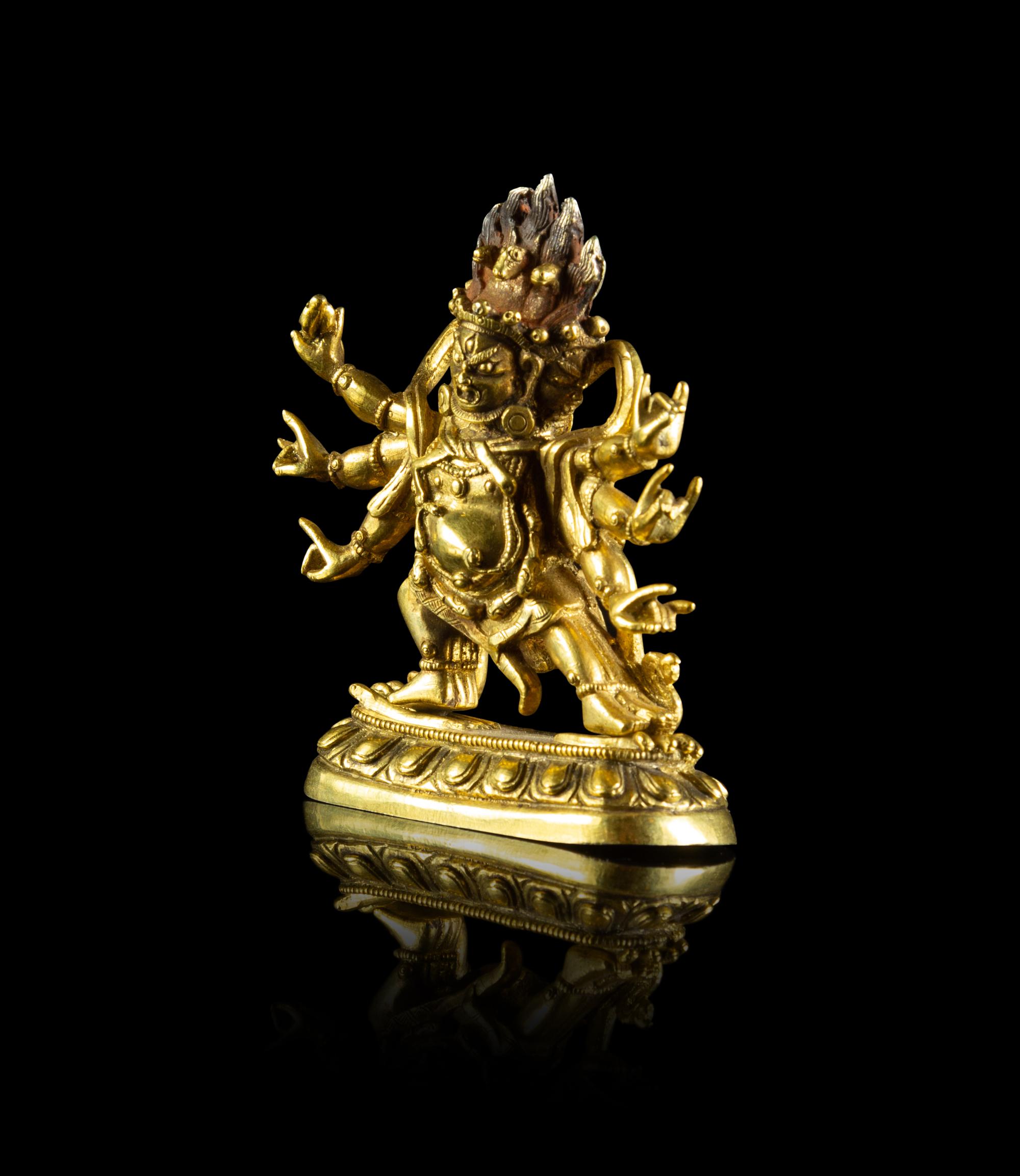 A Small Sino-Tibetan Gilt Bronze Figure of a Six-Armed Yamantaka
