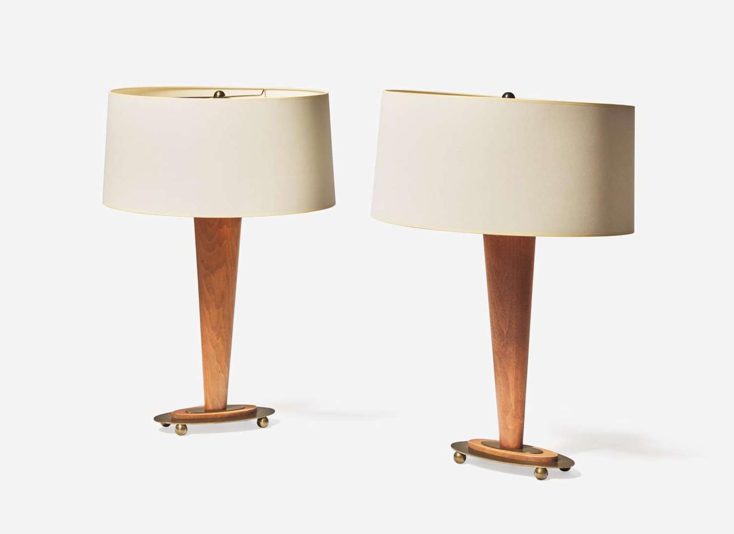 American, Pair of Walnut and Brass Table Lamps