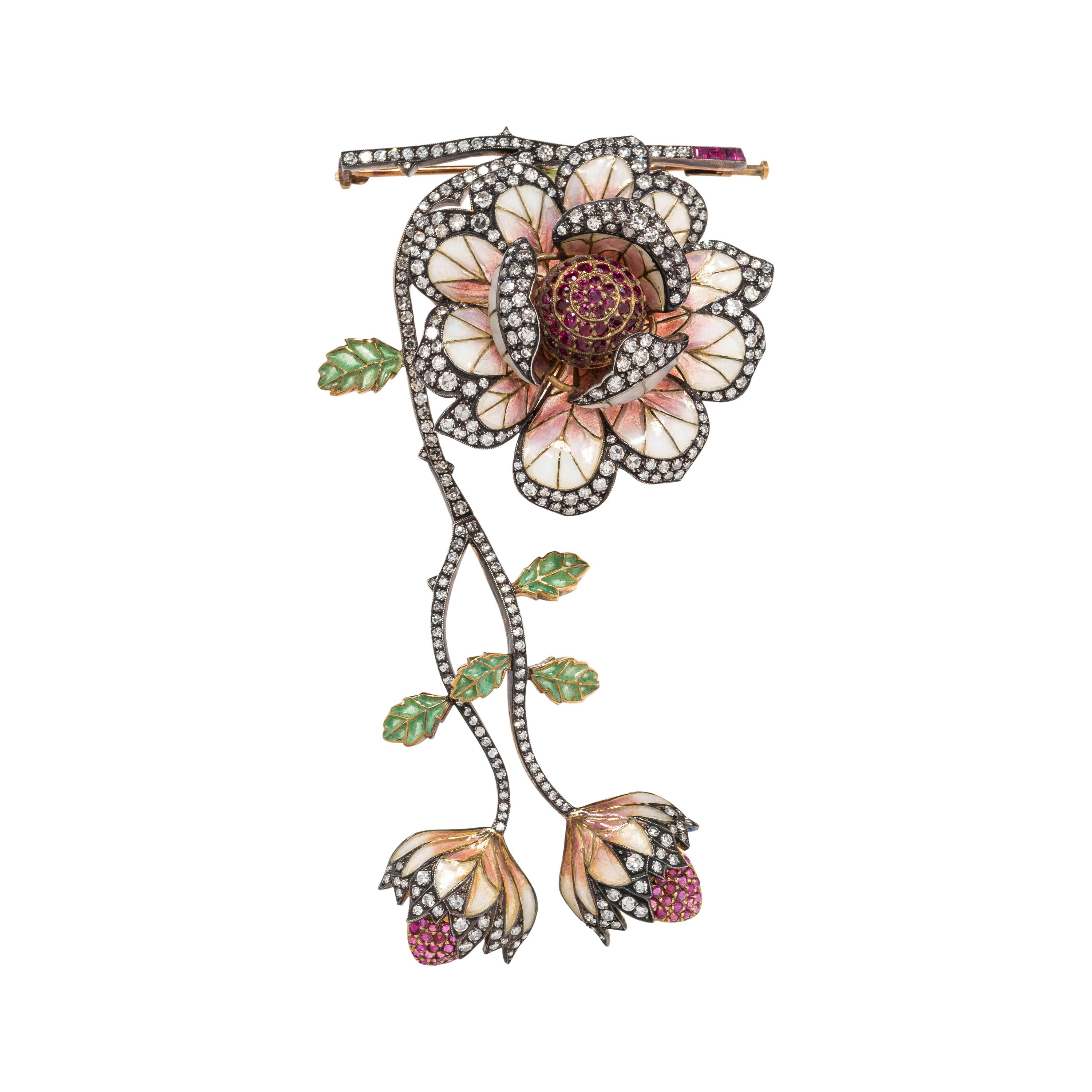 EVELYN CLOTHIER, DIAMOND, RUBY AND PLIQUE-À-JOUR ENAMEL FLOWER BROOCH