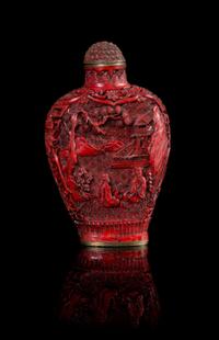 A Cinnabar Lacquer Snuff Bottle Height 2 3/4 inches.