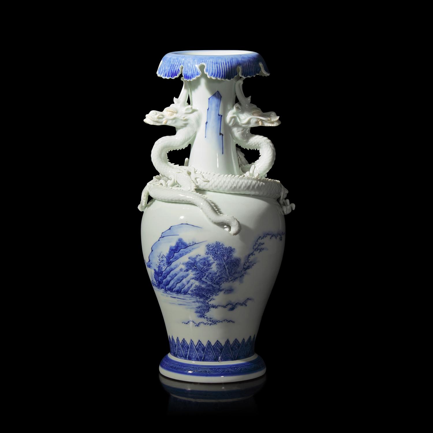 A Japanese Hirado Blue and White Porcelain 'Dragons and Landscapes' Vase, Meiji Period 日本明治時期 平戶燒青花山水龍紋瓶