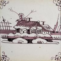 A Set of Five Framed Puce Delft Tiles