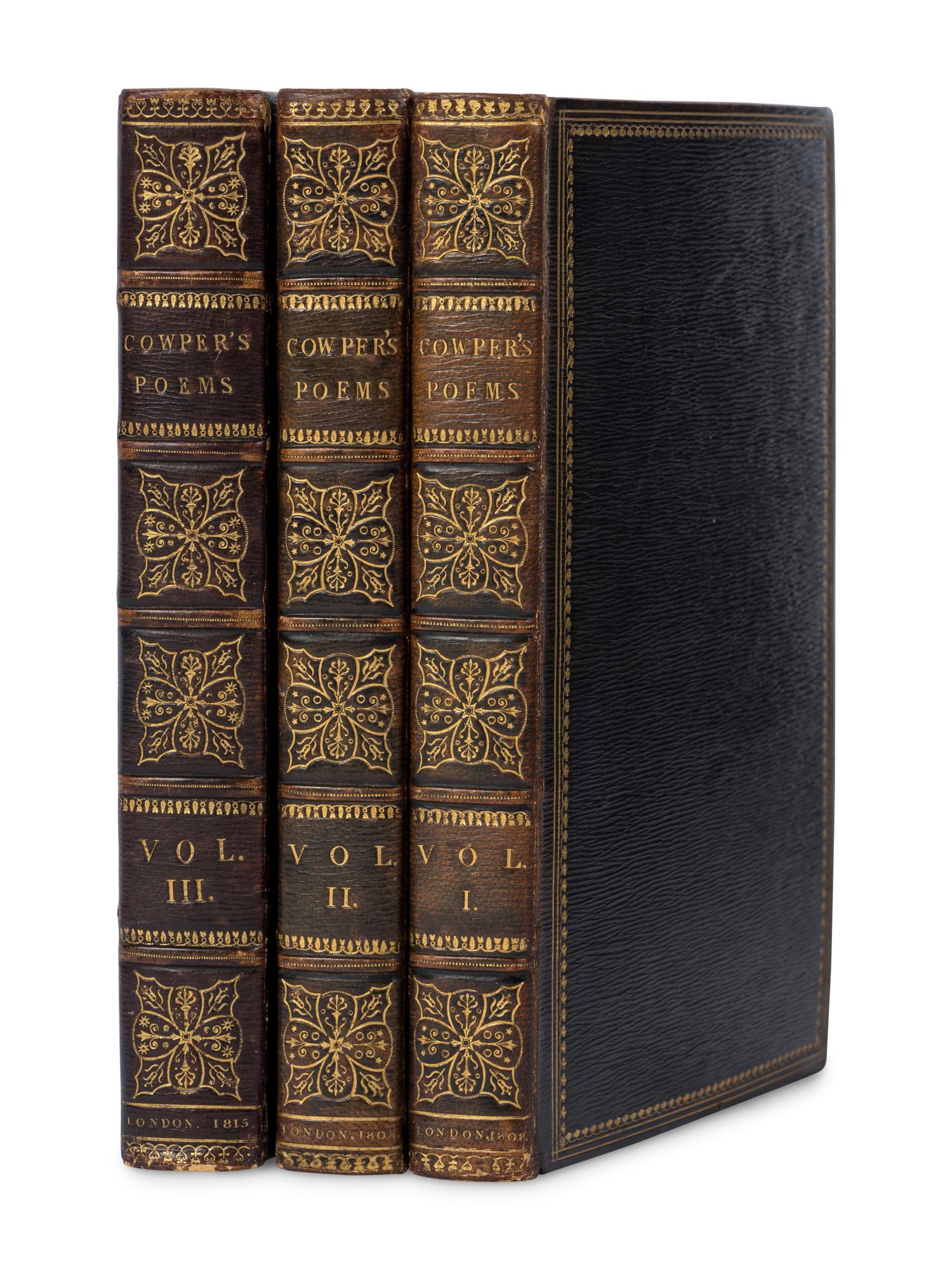 [FORE-EDGE PAINTINGS]. COWPER, William (1731-1800). Poems . London: T. Bensley for J. Johnson, 1808. 2 volumes. -- Poems... Containing his Posthumous Poetry, and a Sketch of His Life. By his Kinsman, John Johnson . London: F.C. and J. Rivington et al, 1815.
