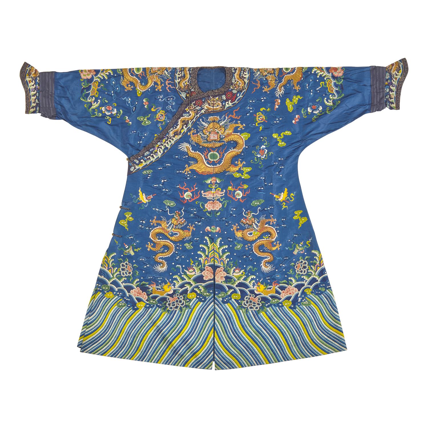 A Chinese Embroidered Blue Silk Dragon Robe, Second Half 19th Century — 晚清 藍緞地綉龍紋袍