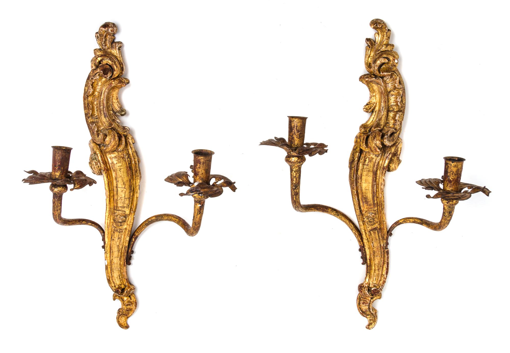 A Pair of Giltwood Two-Light Sconces Height 20 inches. — 18TH/19TH CENTURY