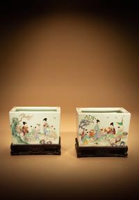 A Pair of Famille Rose Porcelain Rectangular 'Boys' Planters