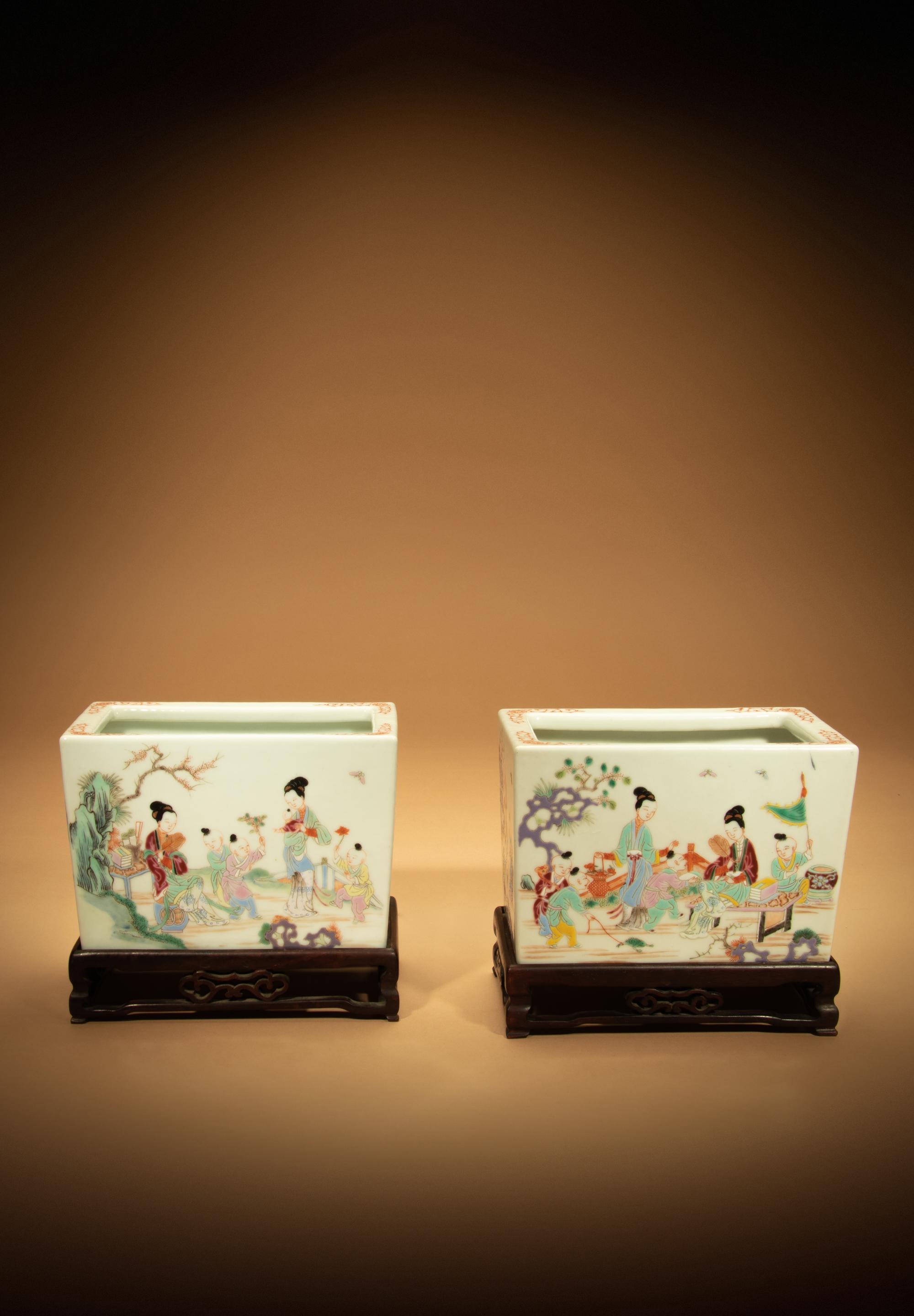A Pair of Famille Rose Porcelain Rectangular 'Boys' Planters