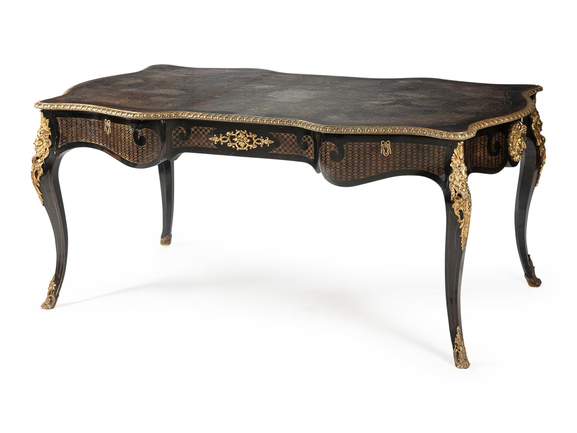 A Napoleon III Gilt Bronze Mounted and Brass Inlaid Bureau Plat
