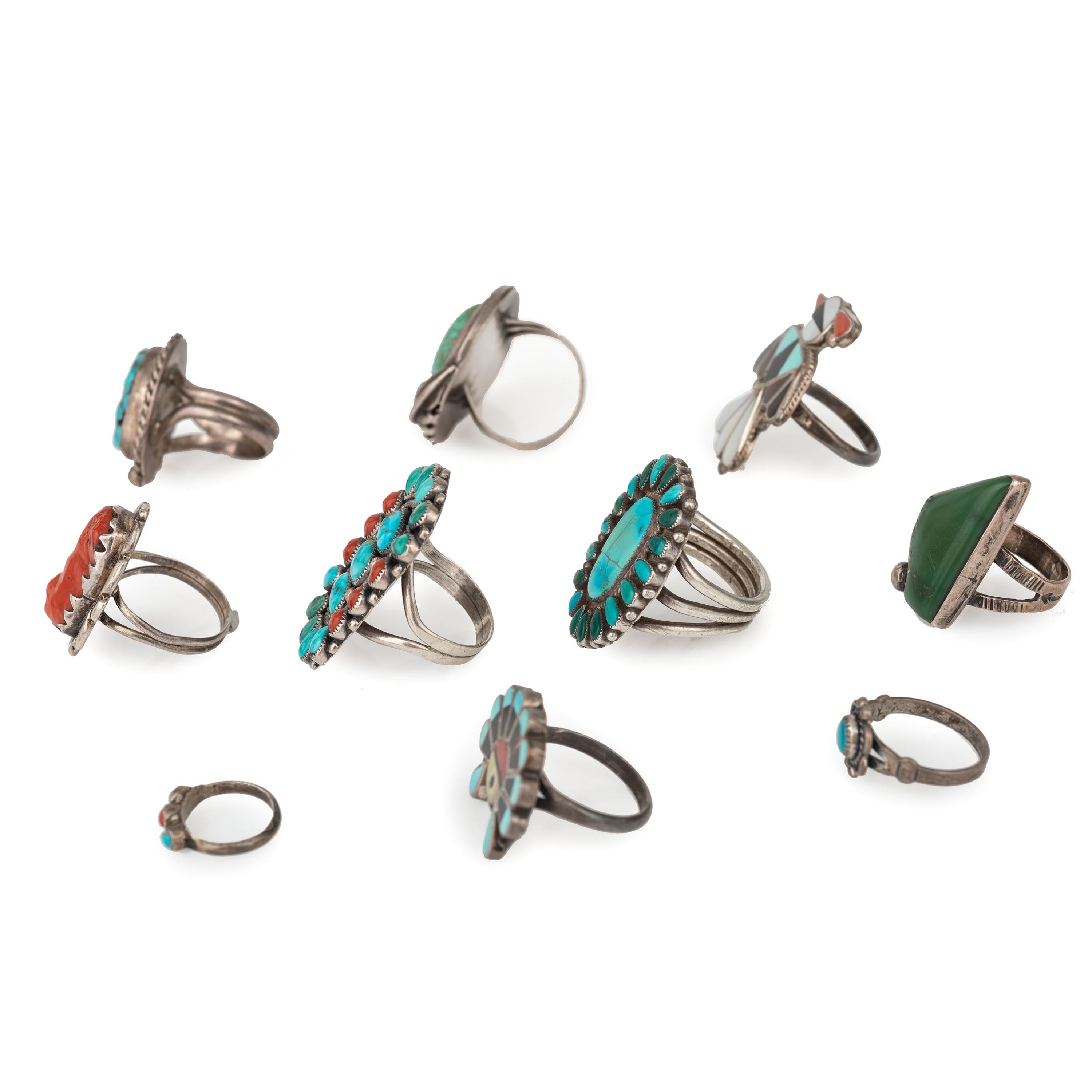 Navajo and Zuni Silver Rings, with Inlay