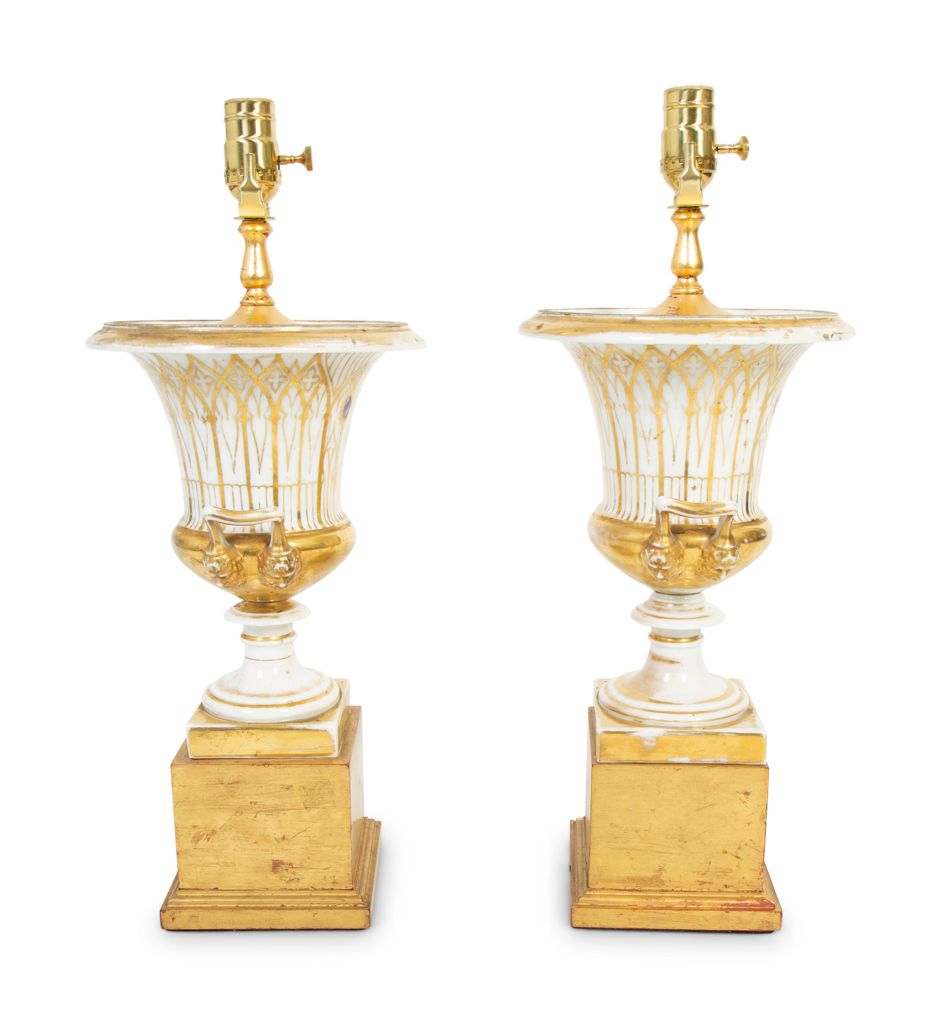 A Pair of Paris Porcelain Urns Mounted as Lamps — LATE 19TH/EARLY 20TH CENTURY