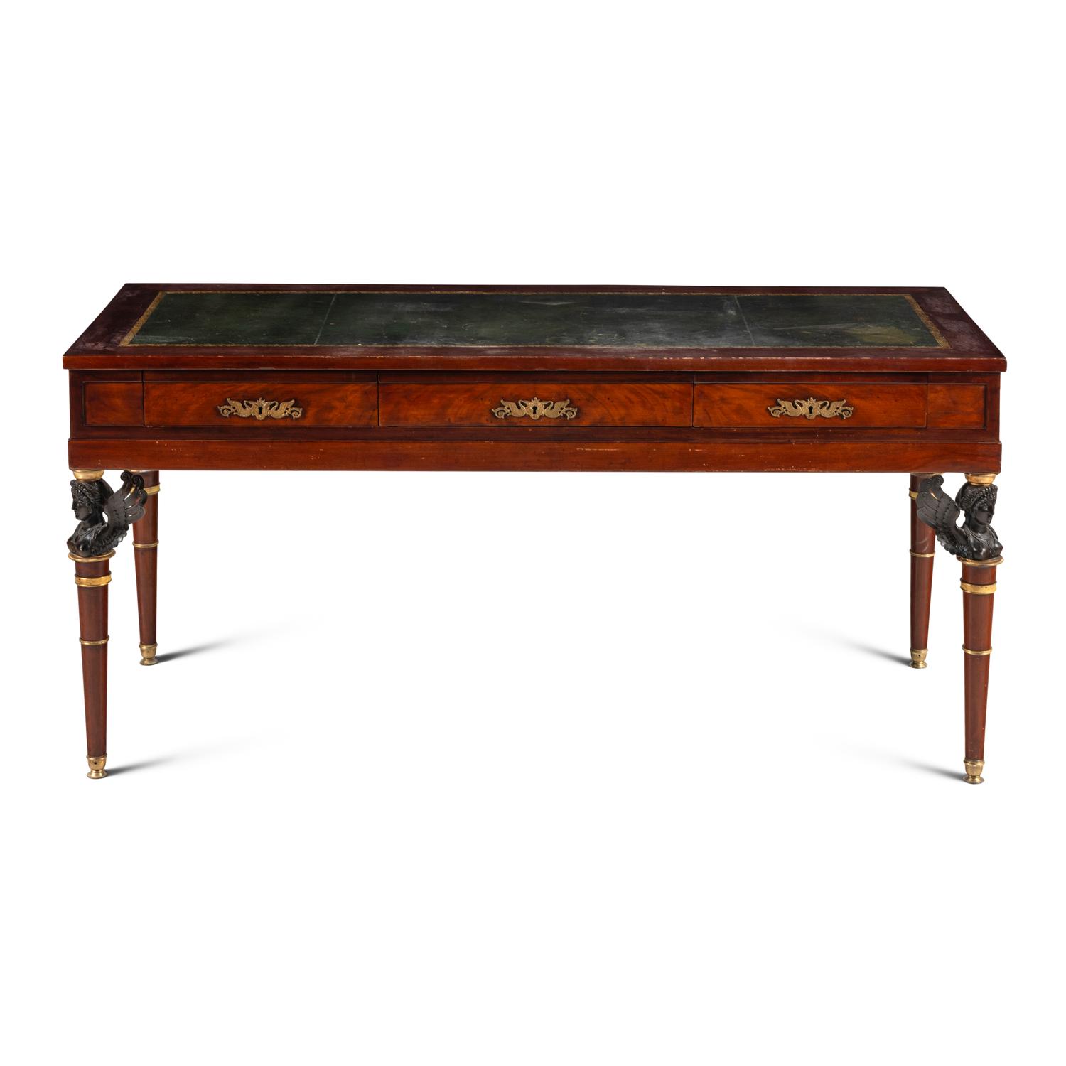 An Empire Style Gilt and Patinated Bronze Mounted Mahogany Bureau Plat