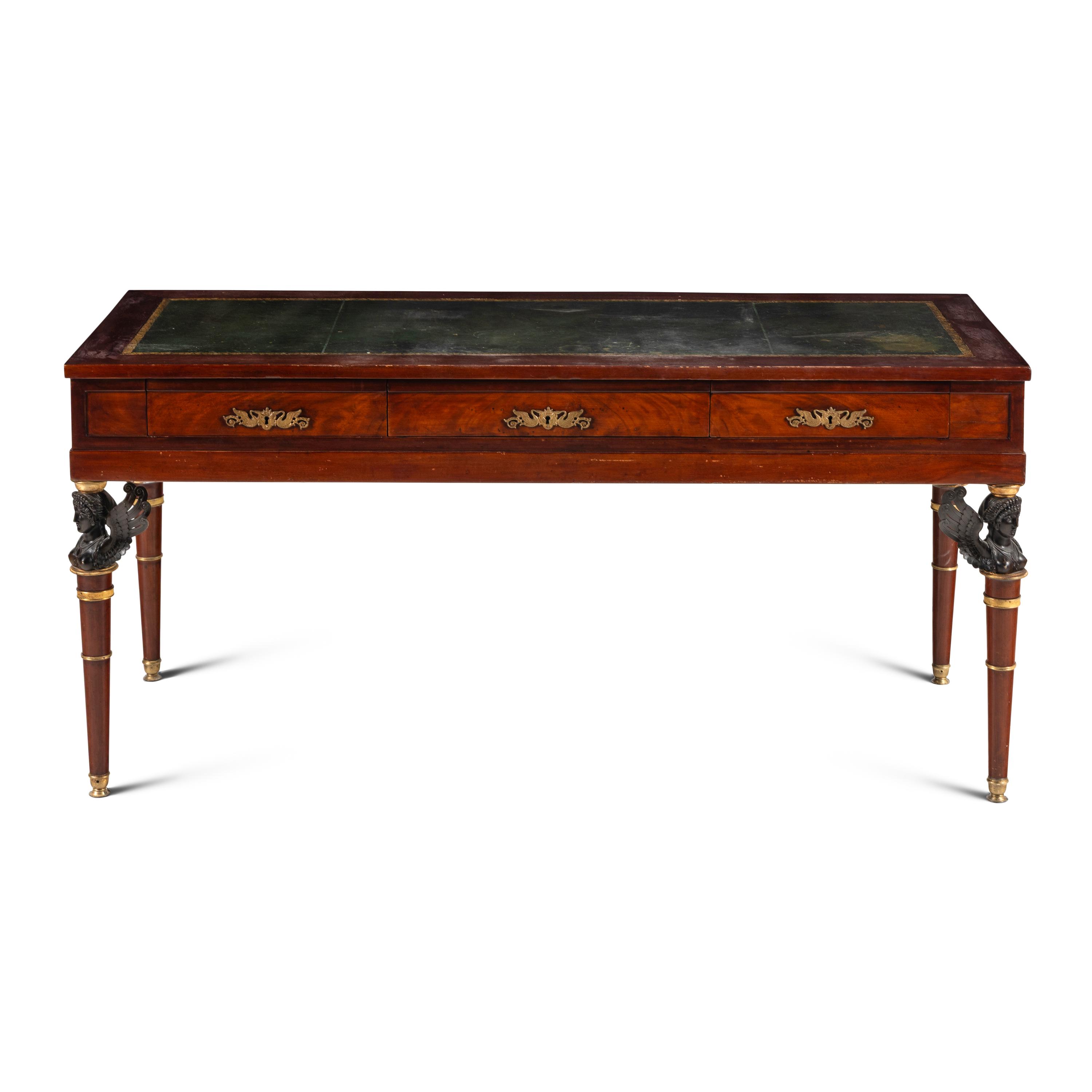 An Empire Style Gilt and Patinated Bronze Mounted Mahogany Bureau Plat