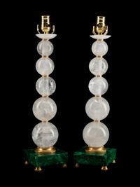 A Pair of Art Moderne Style Rock Crystal Lamps on Malachite Bases