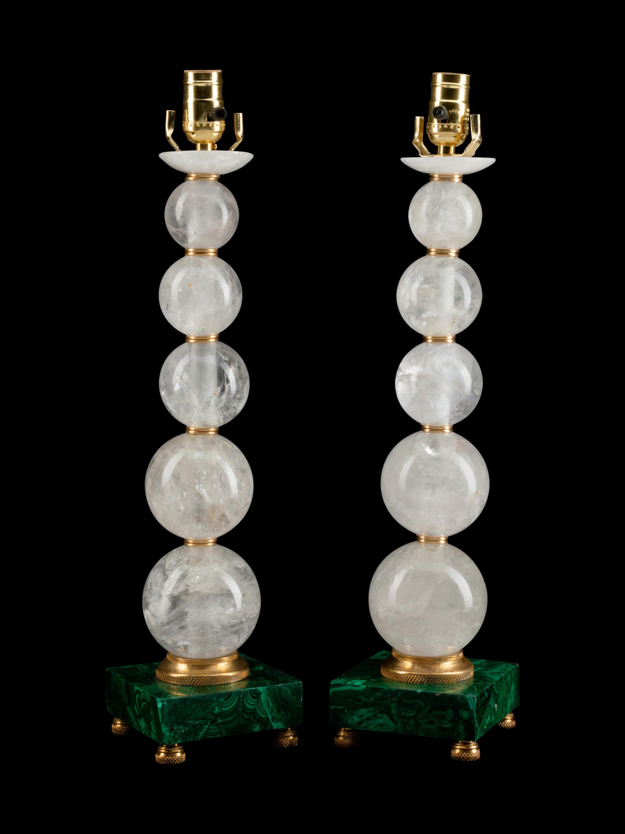 A Pair of Art Moderne Style Rock Crystal Lamps on Malachite Bases