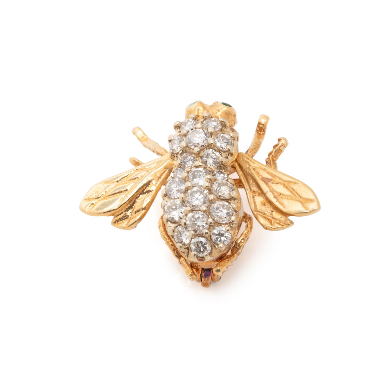 YELLOW GOLD, DIAMOND AND EMERALD BEE BROOCH